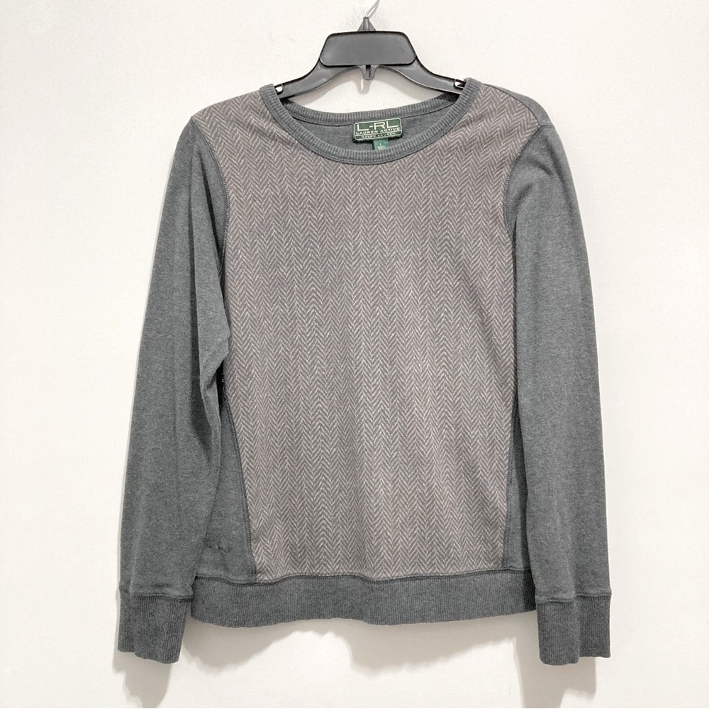Ralph Lauren Women’s Gray Herringbone Pattern Cotton Pullover Sweater